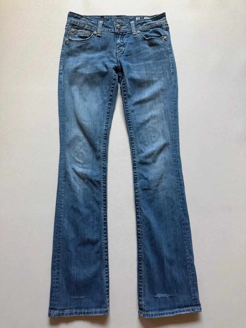 Miss Me Women's Medium Wash Bootcut Jeans Low Rise Embellished Rhinestone Sz 28
